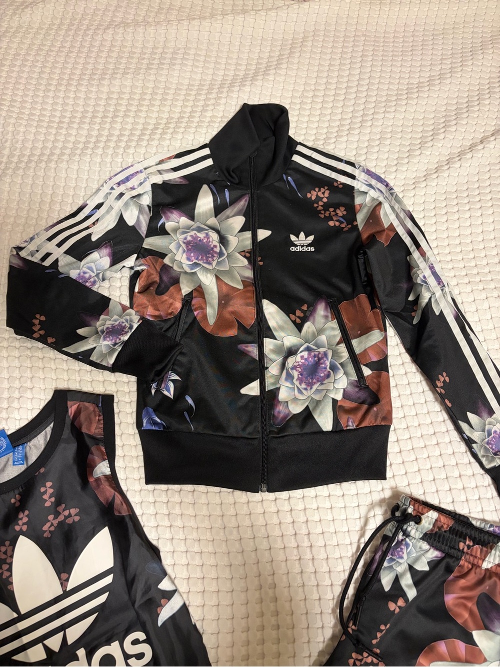 adidas Originals Black Floral Lotus Brazil Farm Track Jacket Tank & Shorts Set - Picture 2 of 4